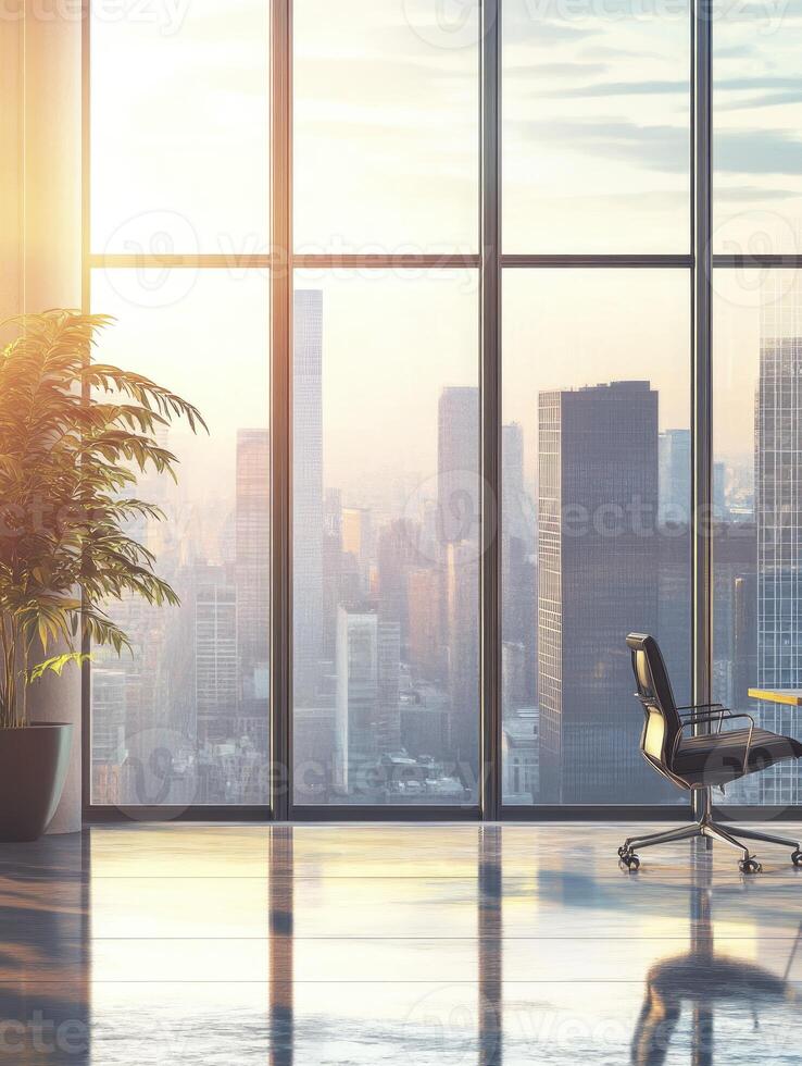 Modern Office Interior with City View, Chair and Plant at Sunset photo