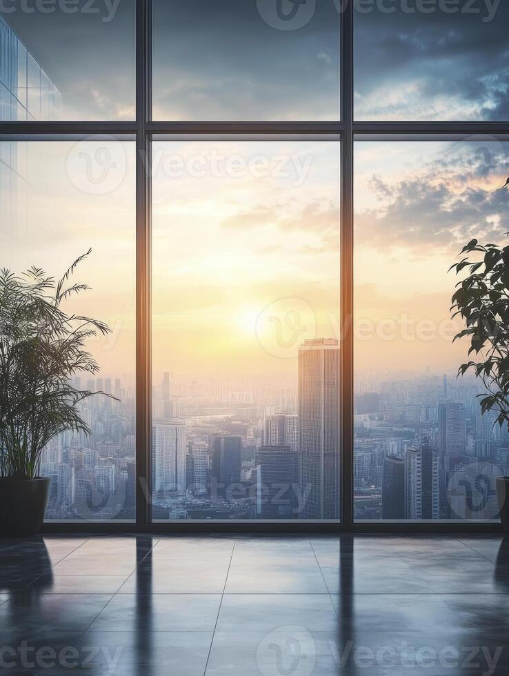 Cityscape View Through Large Window with Plants and Sunset Light photo