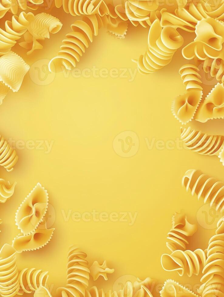 Variety of Uncooked Pasta Shapes on a Yellow Background Food Concept photo