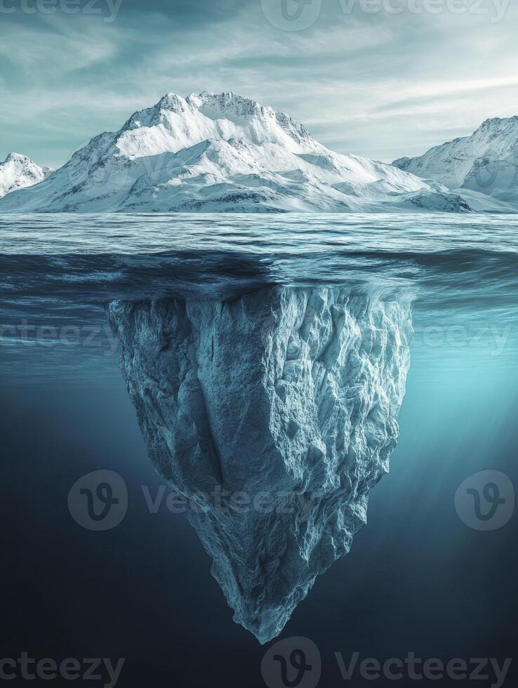 Iceberg Floating in Ocean Water with Snowy Mountain Landscape Above photo