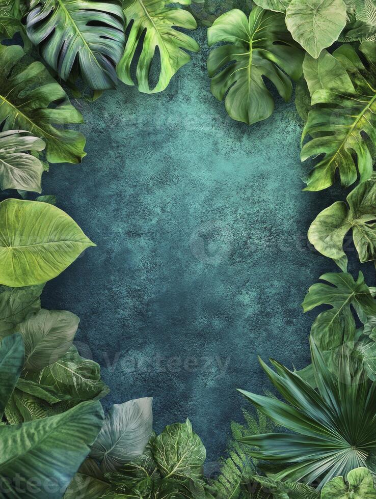 Lush Tropical Green Leaves Frame on Dark Turquoise Textured Background photo