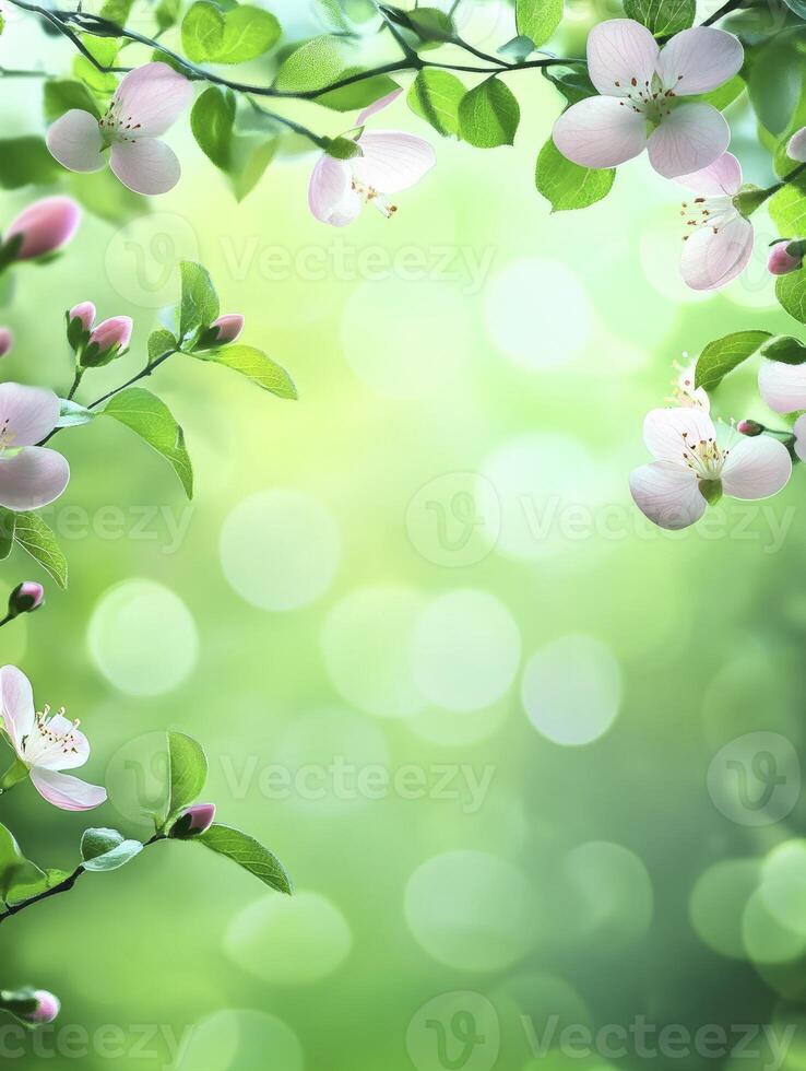 Blooming Flowers Background with Bokeh Lights and Green Leaves Decoration photo