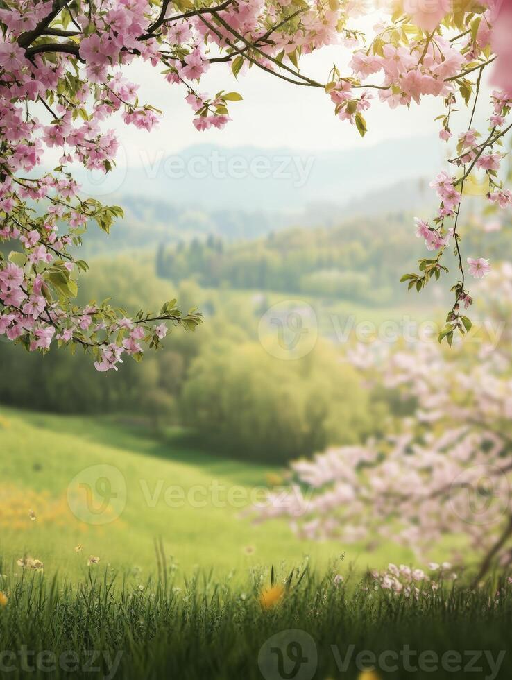 Blossoming Cherry Branches Frame Serene Landscape with Rolling Hills photo