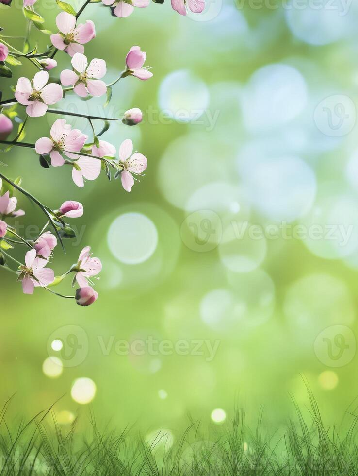 Blooming Cherry Branch with Blurred Green Background for Springtime Designs photo