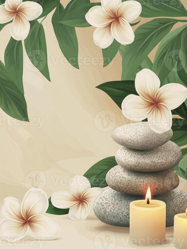 Spa Stones, Frangipani Flowers, and Candles for Relaxation and Meditation photo