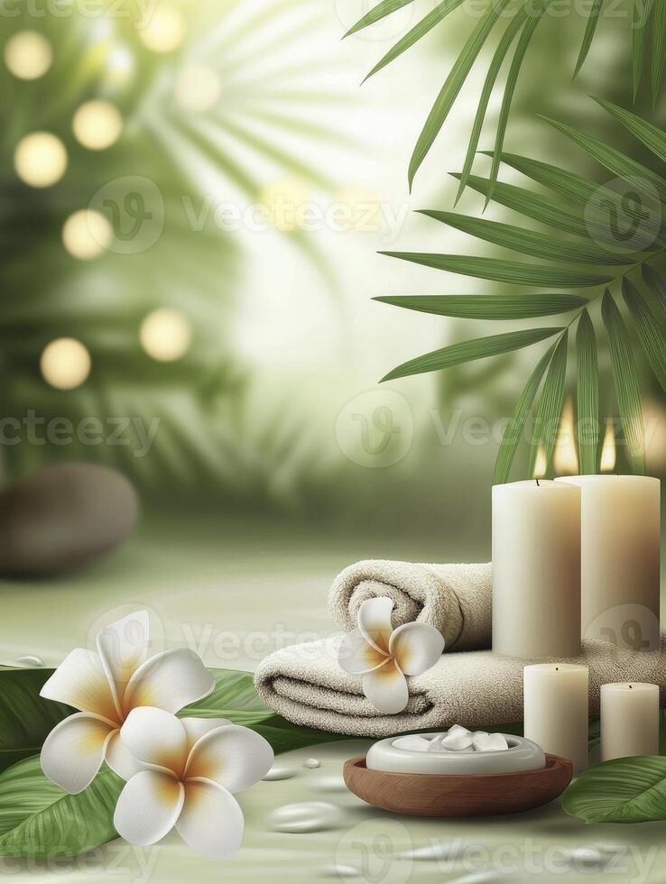 Relaxing Spa Scene with Frangipani Flowers, Candles and Towels Background photo