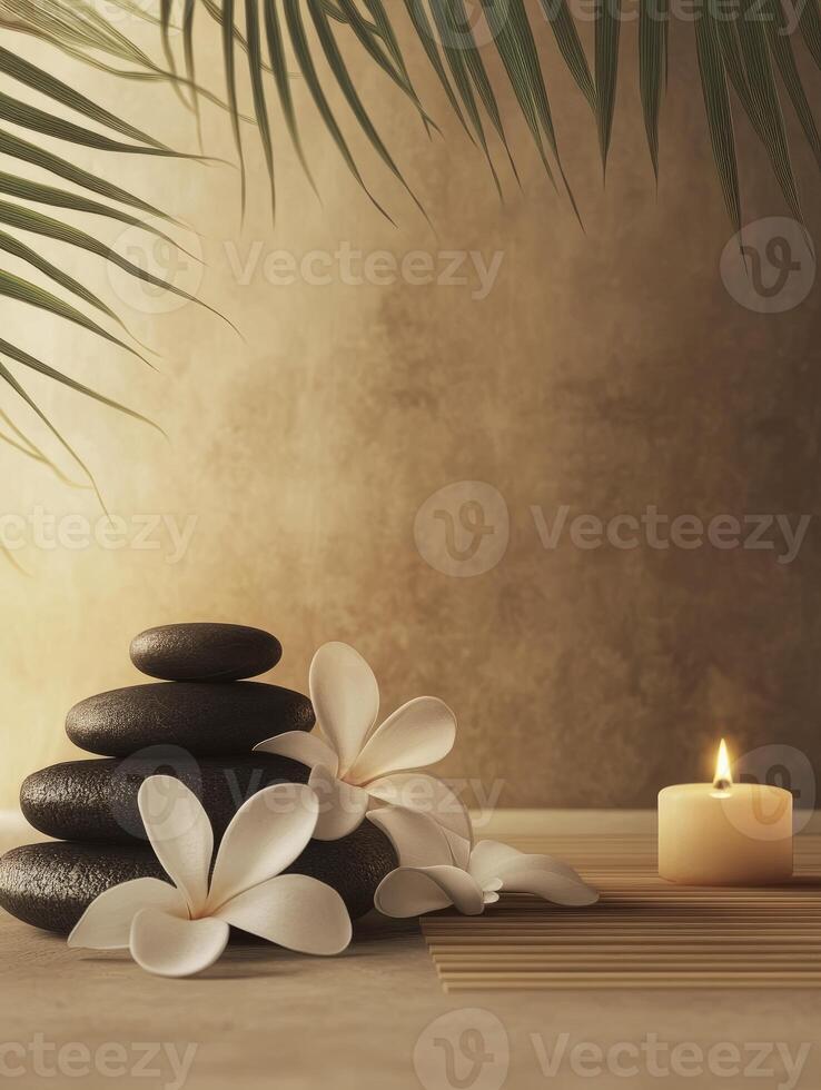 Stacked Stones with Plumeria Flowers and Candle Creating a Spa Scene photo