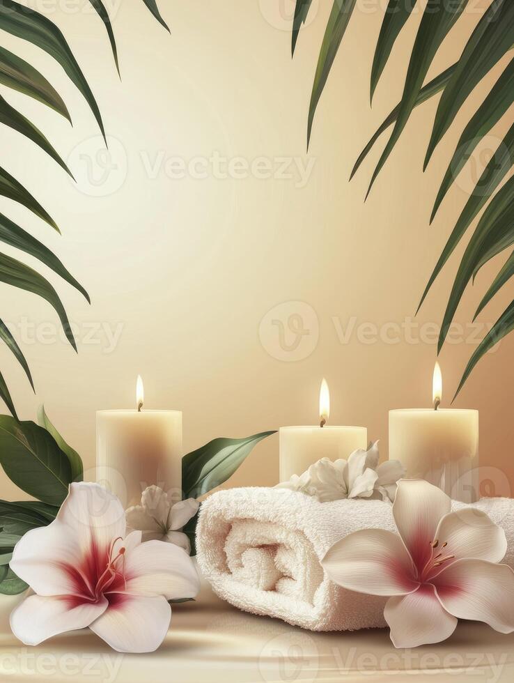 Relaxing Spa Scene with Candles Towel and Tropical Leaves Background photo