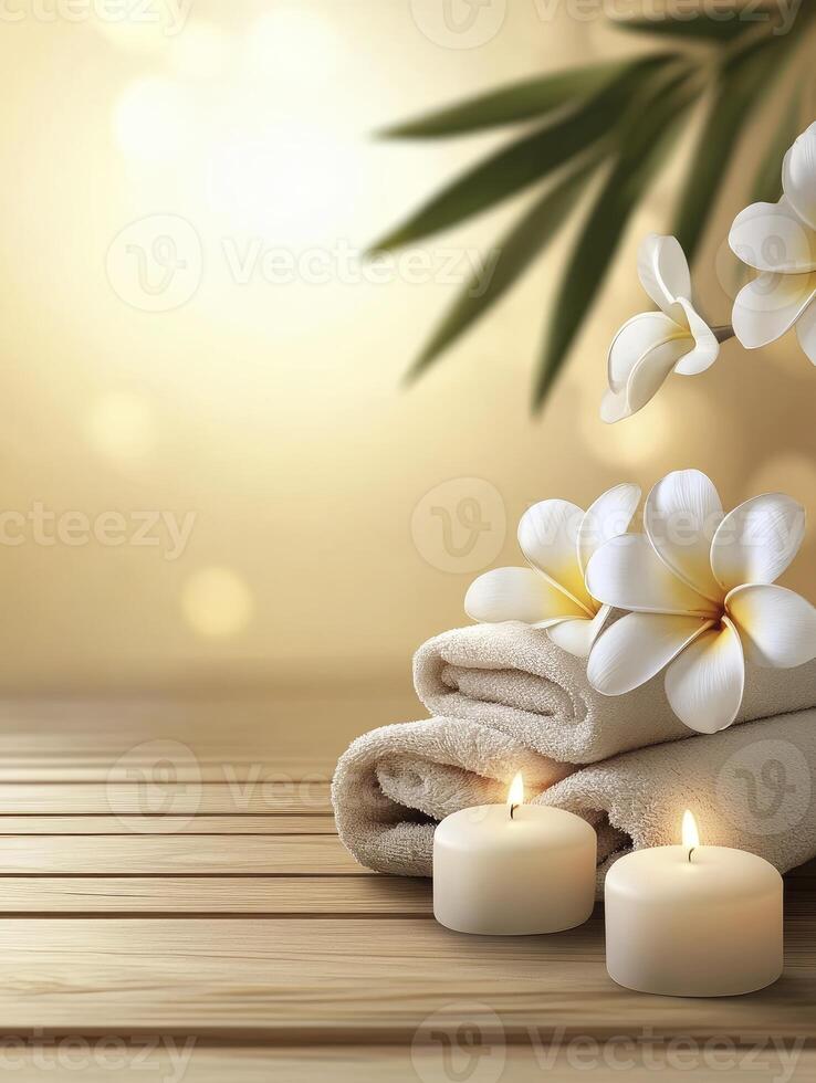 Tranquil Spa Scene with Towels Candles and Frangipani Flowers on Wood photo