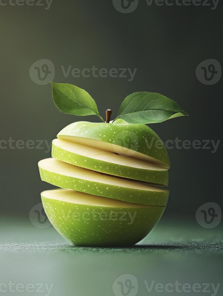 Sliced Green Apple with Leaves Creative Presentation of Healthy Eating photo