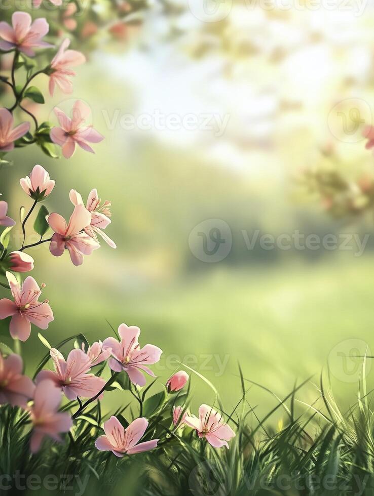 Blooming Pink Flowers with Green Grass in a Sunny Spring Garden photo