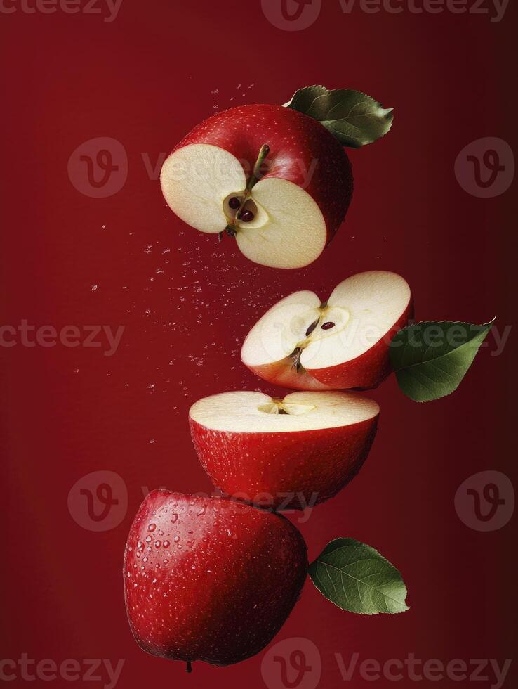 Floating Sliced Red Apples Fresh Fruit Display Against Dark Red Background photo
