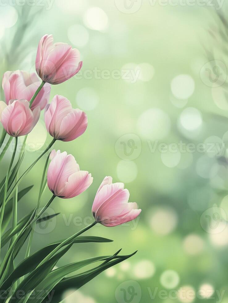 Blooming Pink Tulips with Bokeh Lights Creating a Dreamy Spring Background photo
