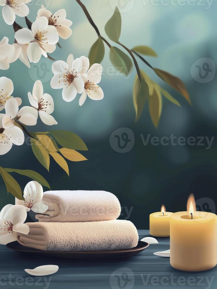 Stacked Towels with Candles and Blossoms for Spa or Relaxation photo
