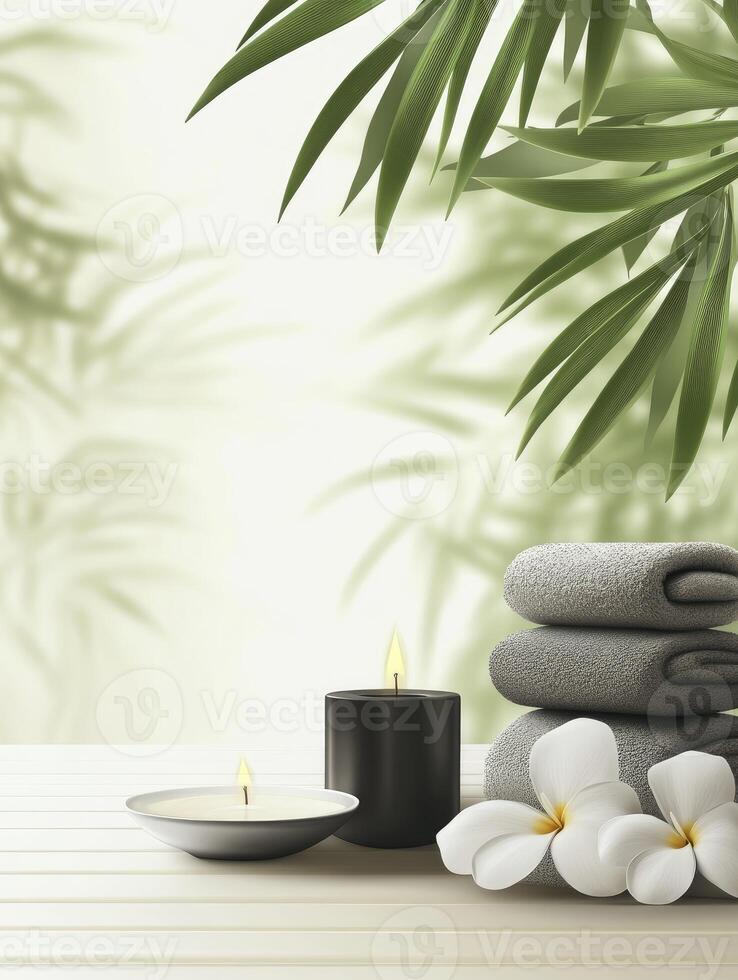 Relaxing Spa Still Life with Candles, Towels, and Tropical Flowers photo