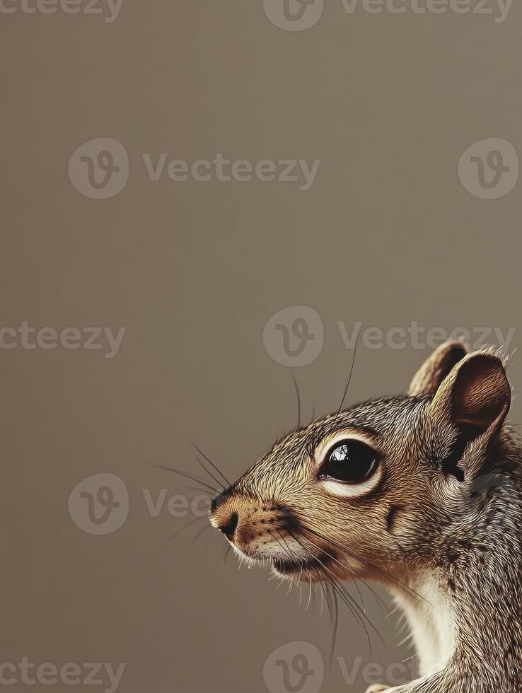 Close-up of a Squirrel's Head with Whiskers and Brown Background photo
