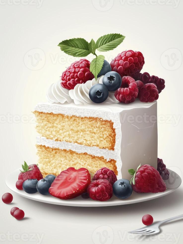 Slice of Cake with Berries Cream and Mint Delicious Dessert photo