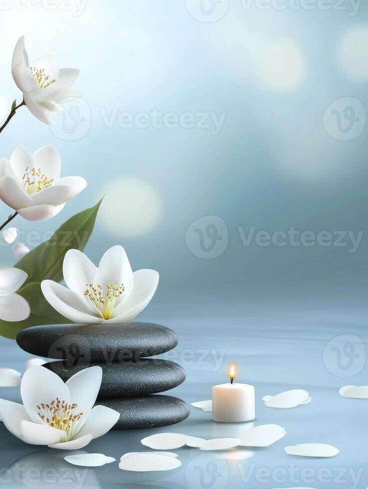 Spa Still Life with Stones, Candle, and White Flowers for Relaxation photo