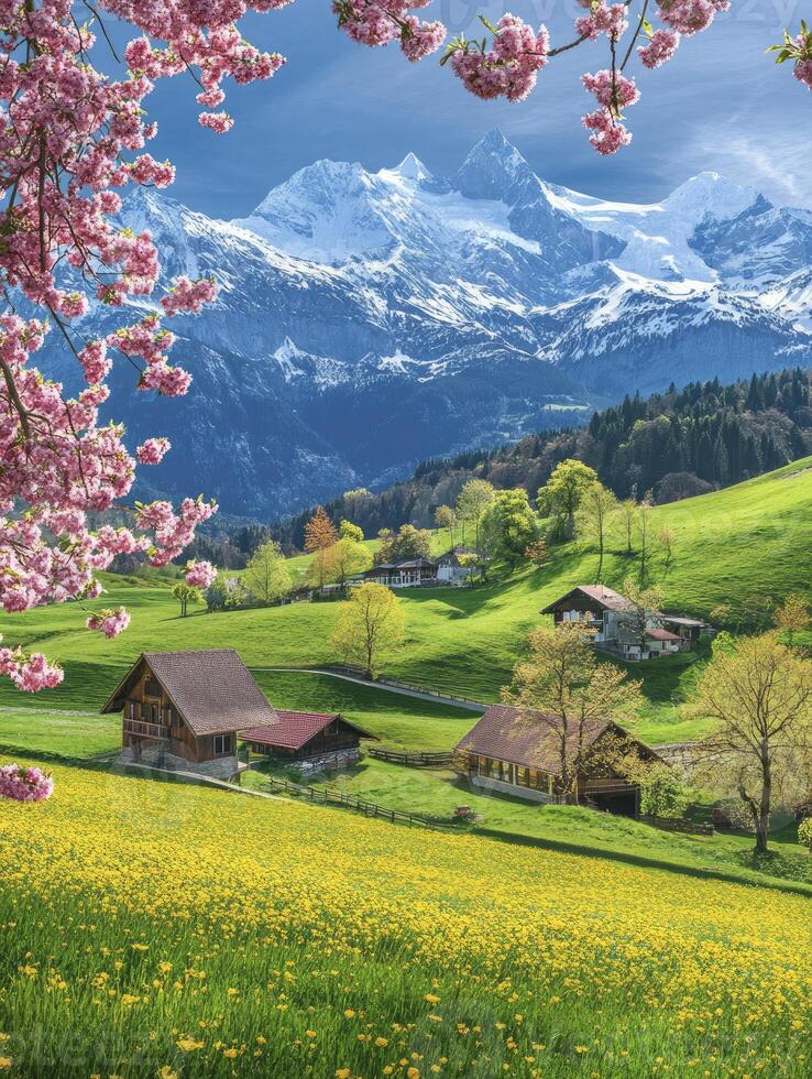 Idyllic Swiss Village Spring Landscape with Blossoms and Snow Capped Mountains photo