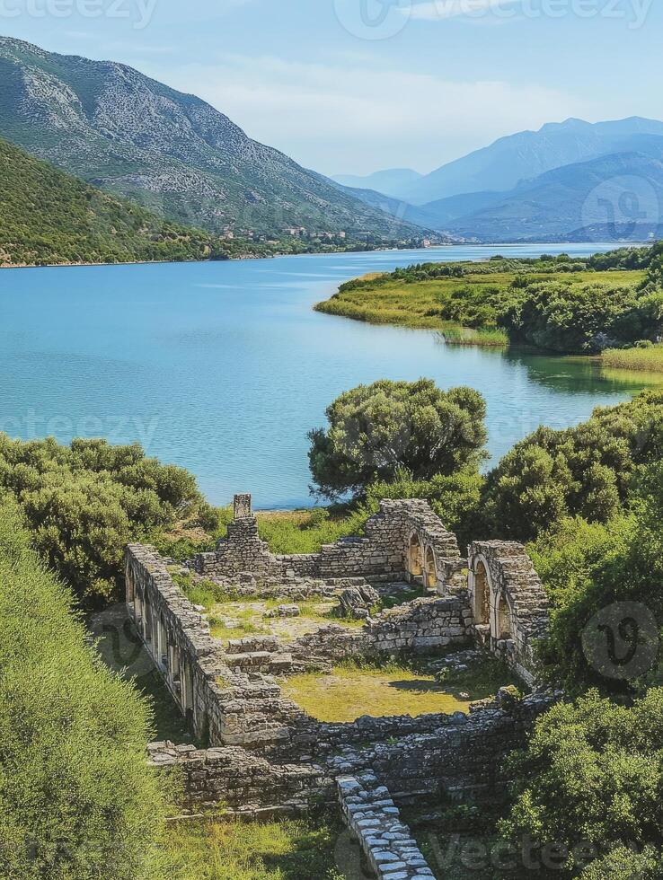 Exploring Ancient Ruin by Lake in Montenegro on a Sunny Day photo