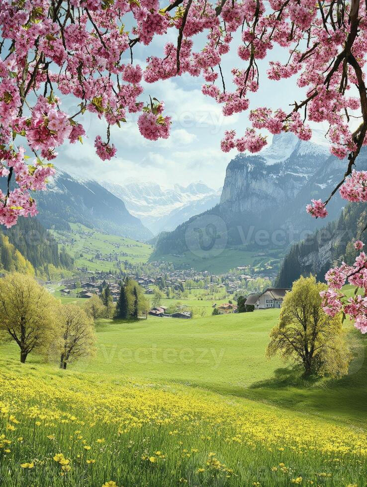 Blooming Cherry Blossoms Frame Scenic Swiss Valley Spring Landscape View photo