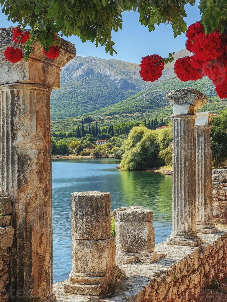Discovering Tranquil Lake View Through Ancient Greek Ruins and Red Flowers photo