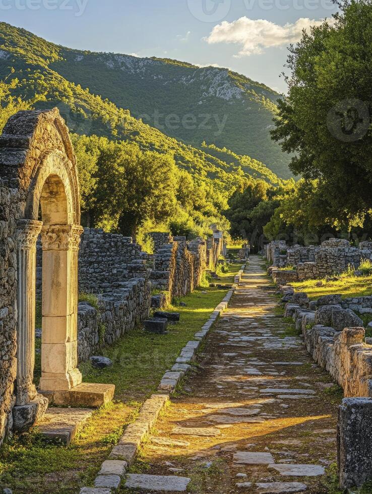 Exploring Ancient City Ruins Path with Mountain Backdrop and Summer Sunlight photo