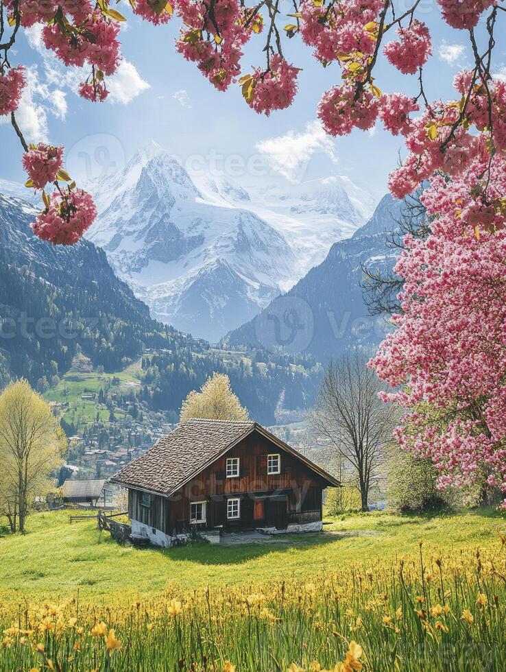 Idyllic Swiss Chalet in Spring Blooms with Snowy Mountain Backdrop photo