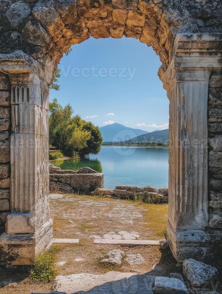 Viewing Lake Through Ancient Stone Archway with Mountain Backdrop Scenery photo
