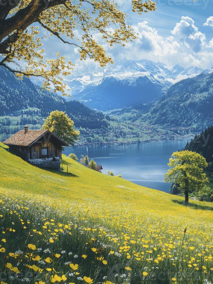 Idyllic Mountain Lake Landscape with Cabin and Wildflower Meadow in Spring photo