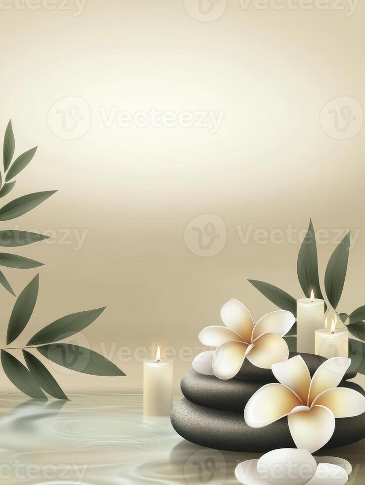 Plumeria Flowers and Candles on Zen Stones Create a Peaceful Spa Scene photo
