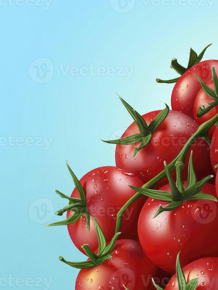 Fresh Red Tomatoes on Vine with Water Droplets Against Blue Background photo