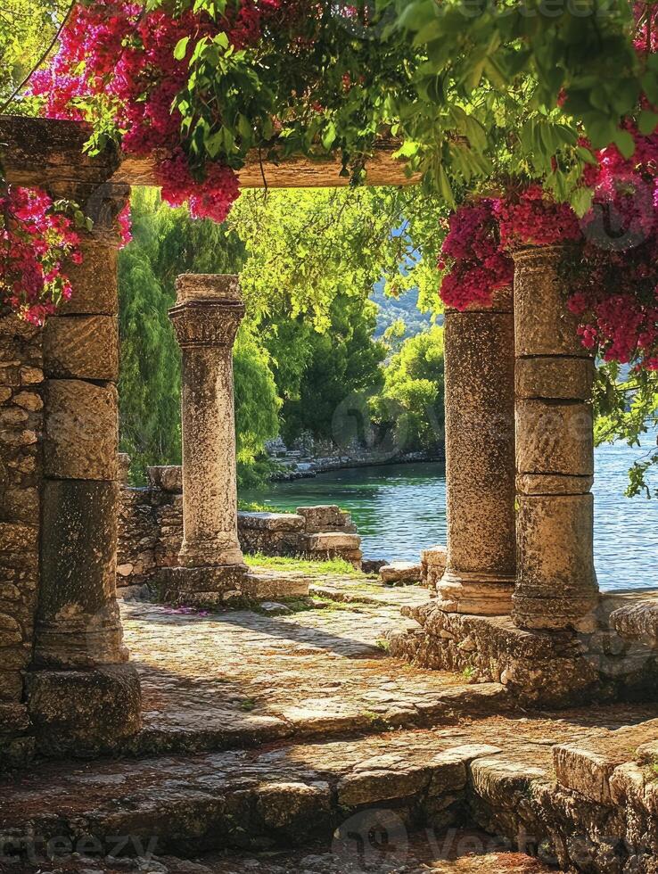 Exploring Ancient Ruins Overlooking Calm Waters with Vibrant Bougainvillea Blooms photo