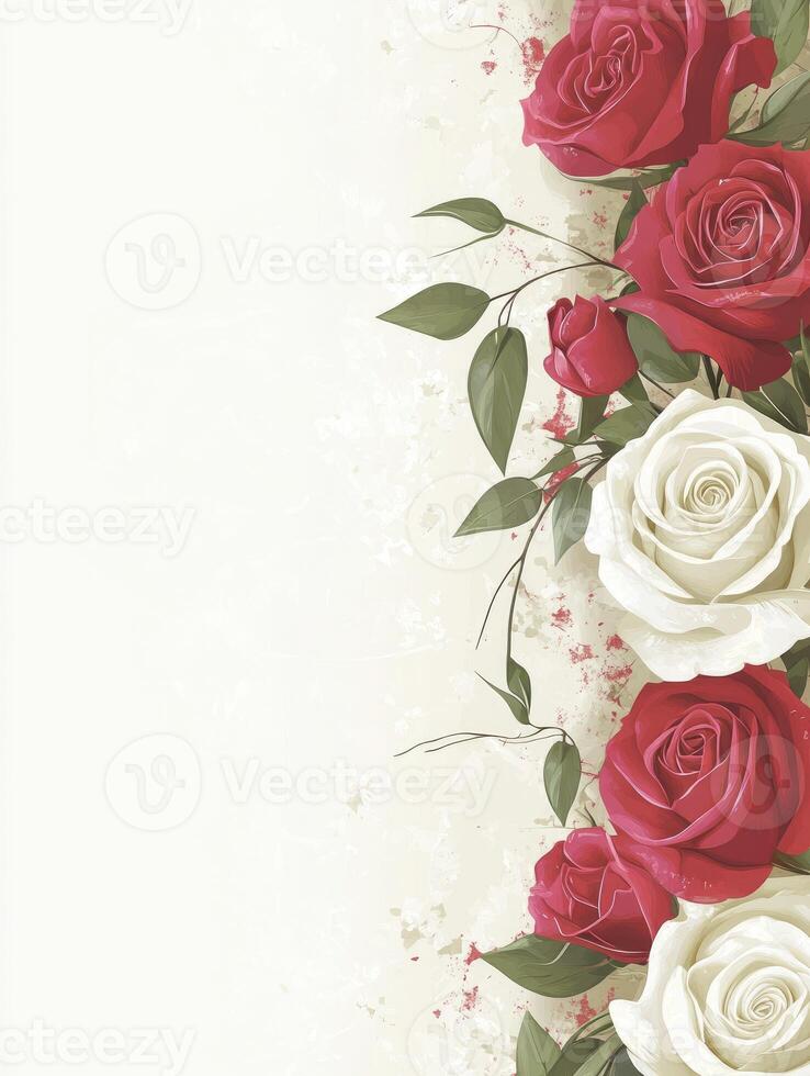 Elegant Floral Border of Red and White Roses with Green Leaves photo