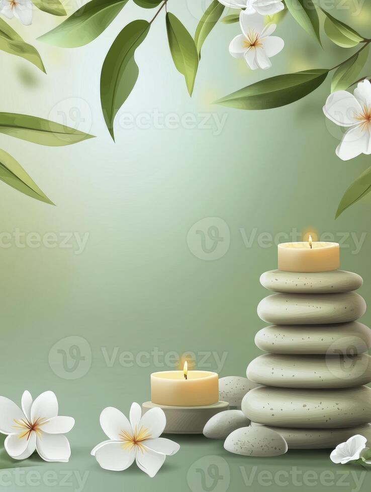 Burning Candles with Balanced Stone Stack and Plumeria Flowers Still Life photo
