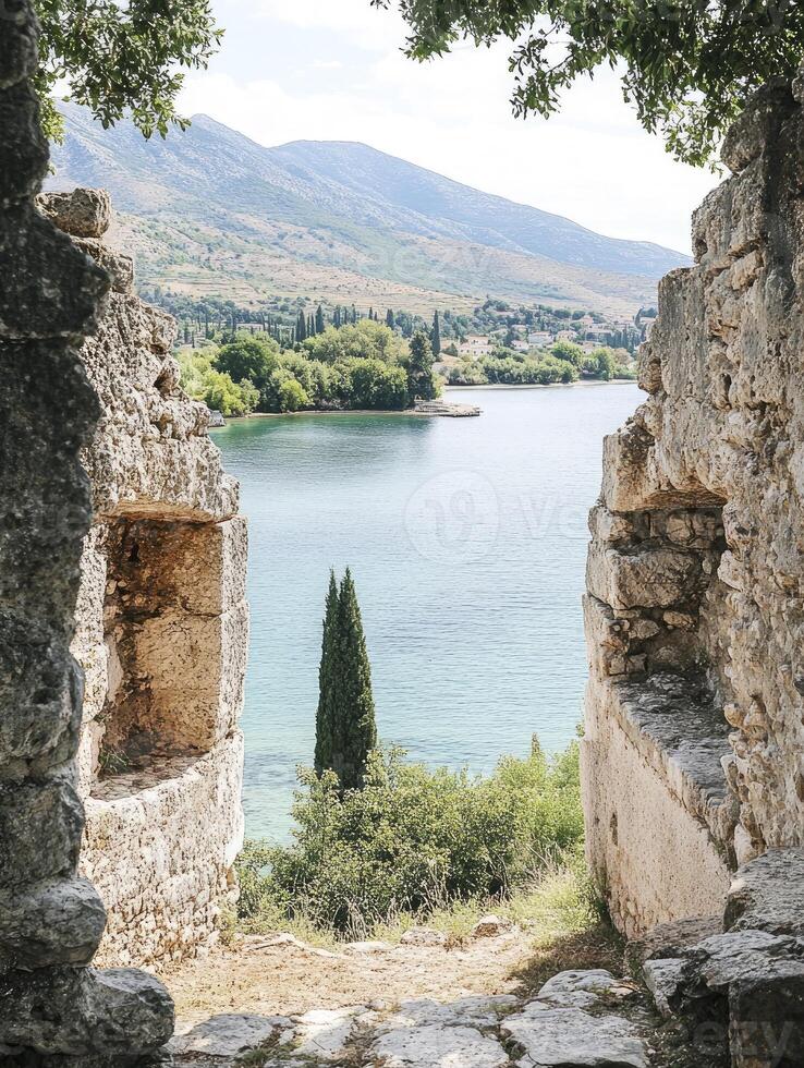 Viewing Lake and Mountains Through Old Stone Wall in Croatia photo