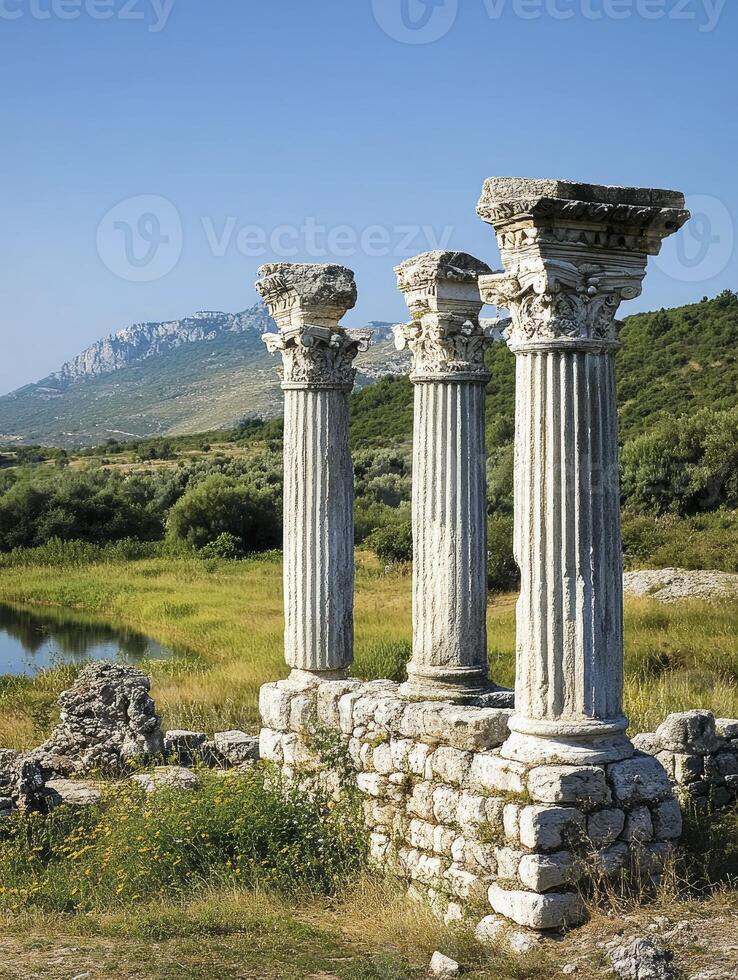 Exploring Ancient Ruins Three Corinthian Columns at Butrint National Park photo