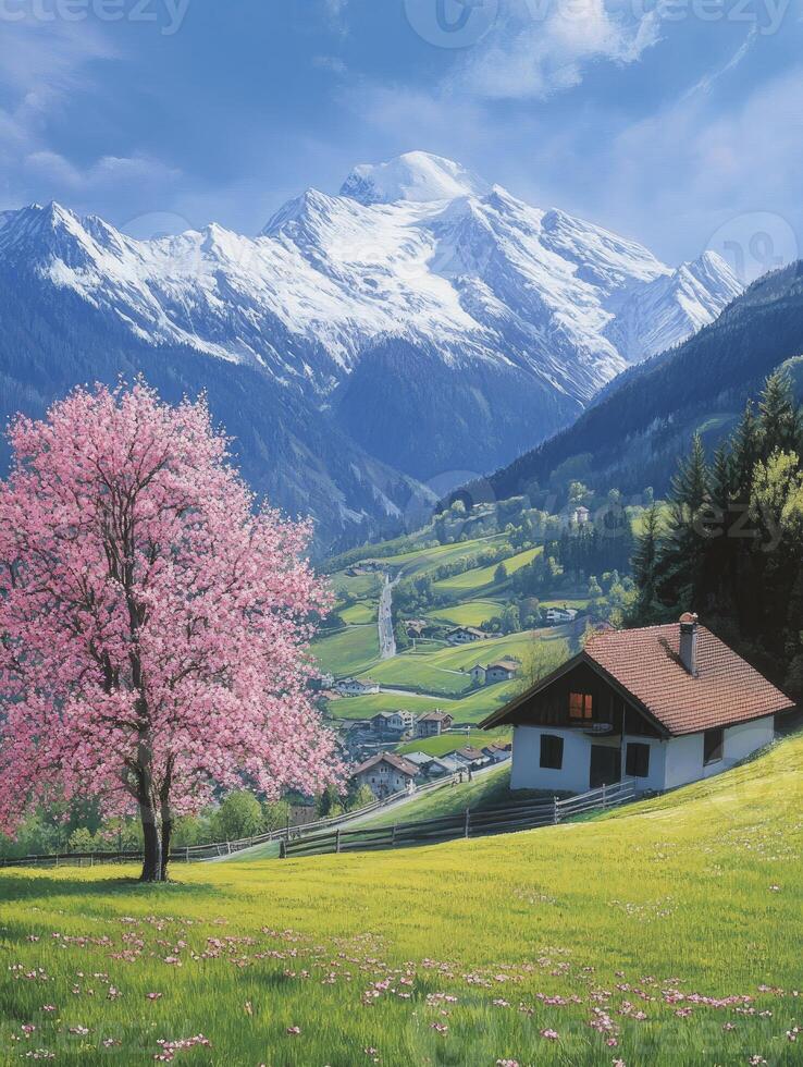 Scenic Mountain Village with Cherry Blossom Tree and Snowy Peak Landscape photo