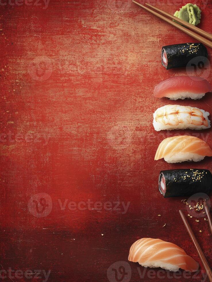 Assorted Sushi Plate with Chopsticks on Rustic Red Textured Background photo