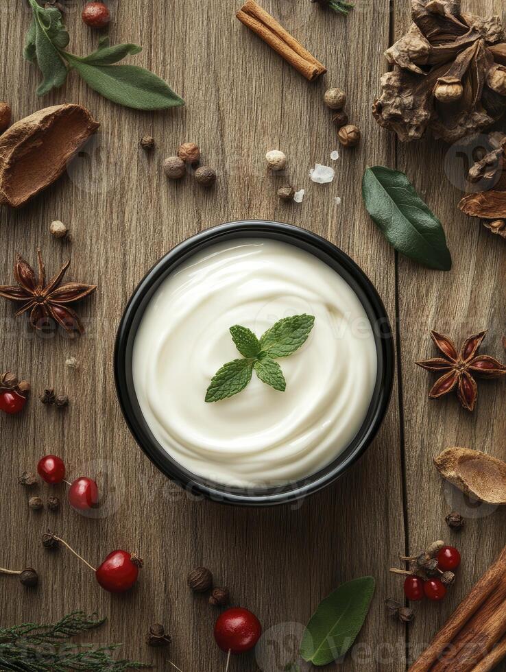 Creamy Yogurt Bowl with Fresh Mint and Spice on Wood Surface photo