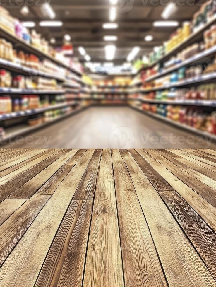 Wooden Surface Over Grocery Store Aisle Background for Product Display photo