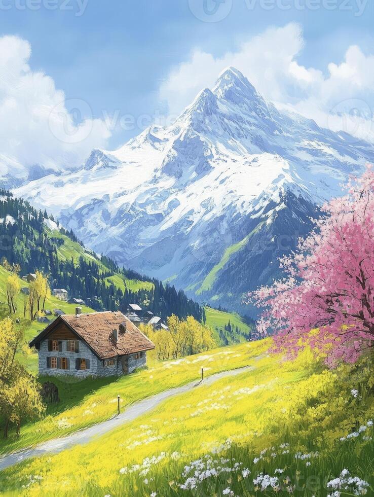 Idyllic Mountain Scenery with House and Blooming Tree in Spring photo