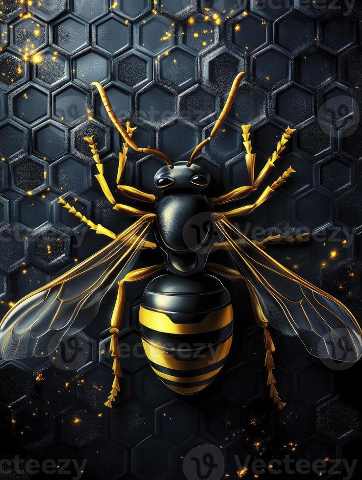 Stylized Wasp on Hexagon Surface with Golden Accents Art Illustration photo