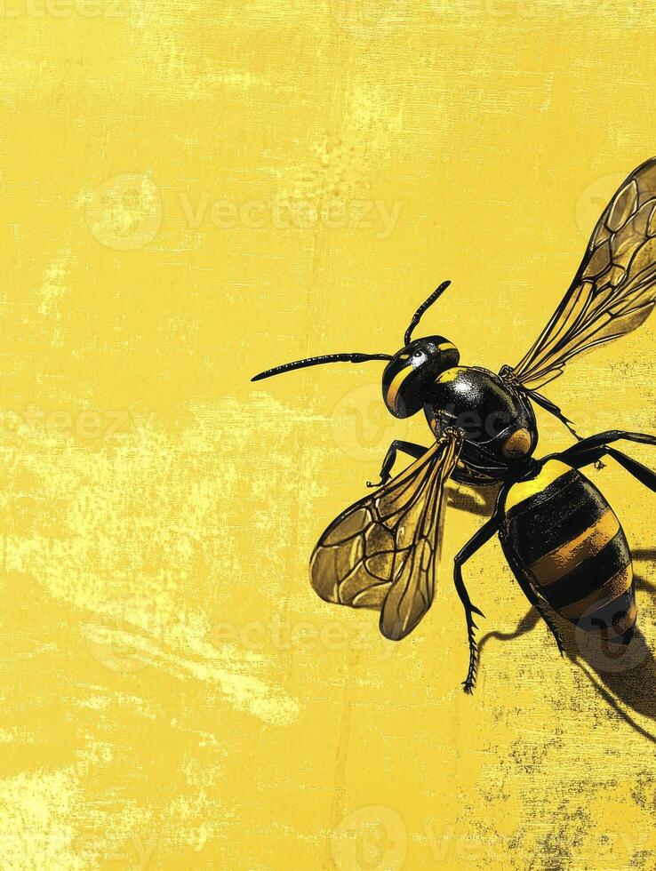 Close-up of a Wasp Resting on Textured Yellow Background photo
