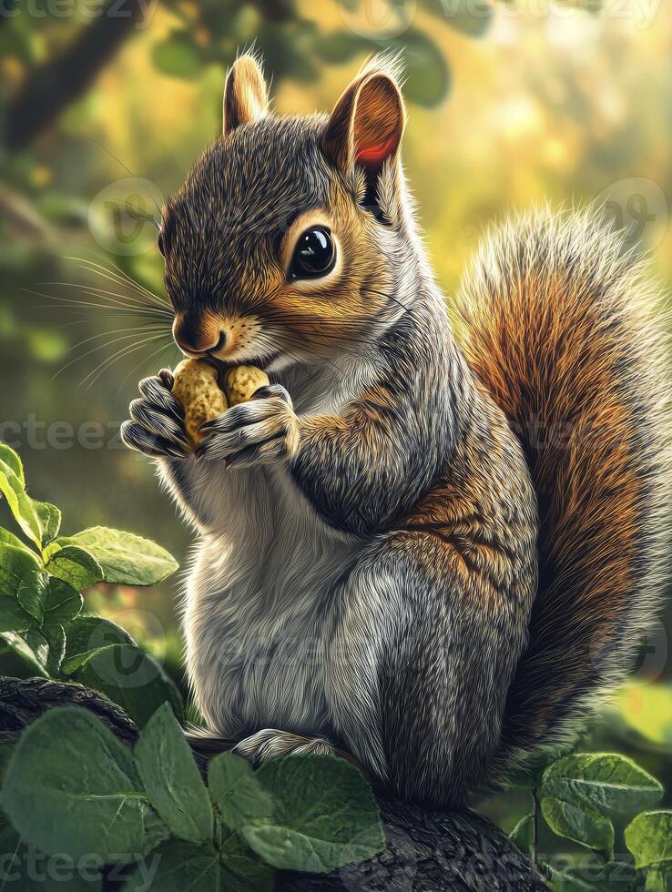 Squirrel Enjoying Nut on Tree Branch Under Bright Natural Sunlight photo