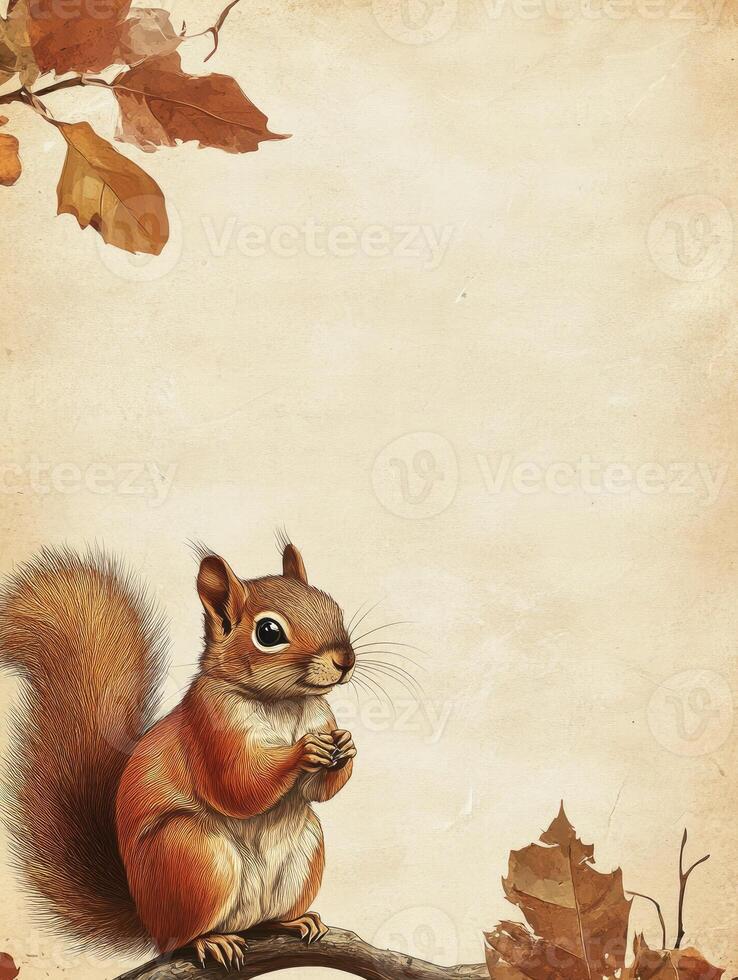 Cute Squirrel Sitting on Branch with Autumn Leaves Background Illustration photo