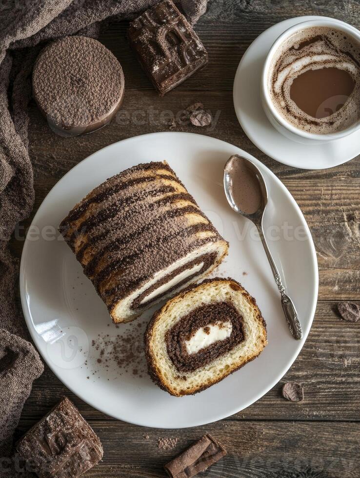 Serving Delicious Chocolate Cream Roll with Hot Cocoa and Artisan Chocolates photo