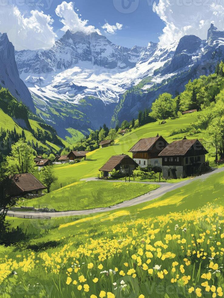 Idyllic Mountain Village Landscape with Alpine Meadow and Snowy Peaks photo