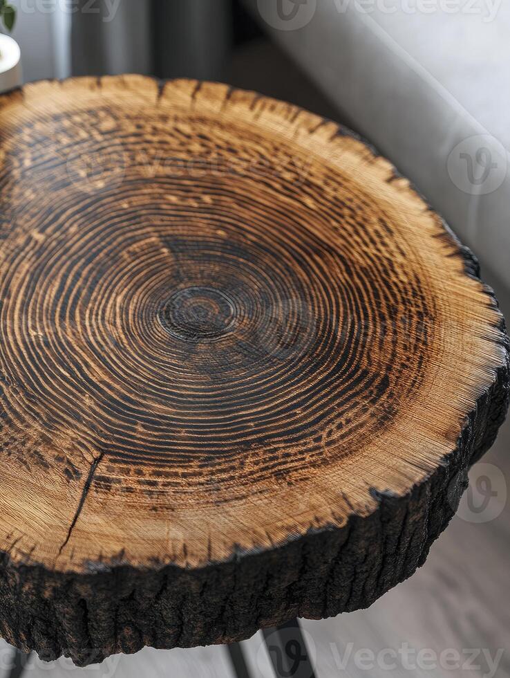 Rustic Wood Slice Table with Unique Tree Rings and Natural Texture photo