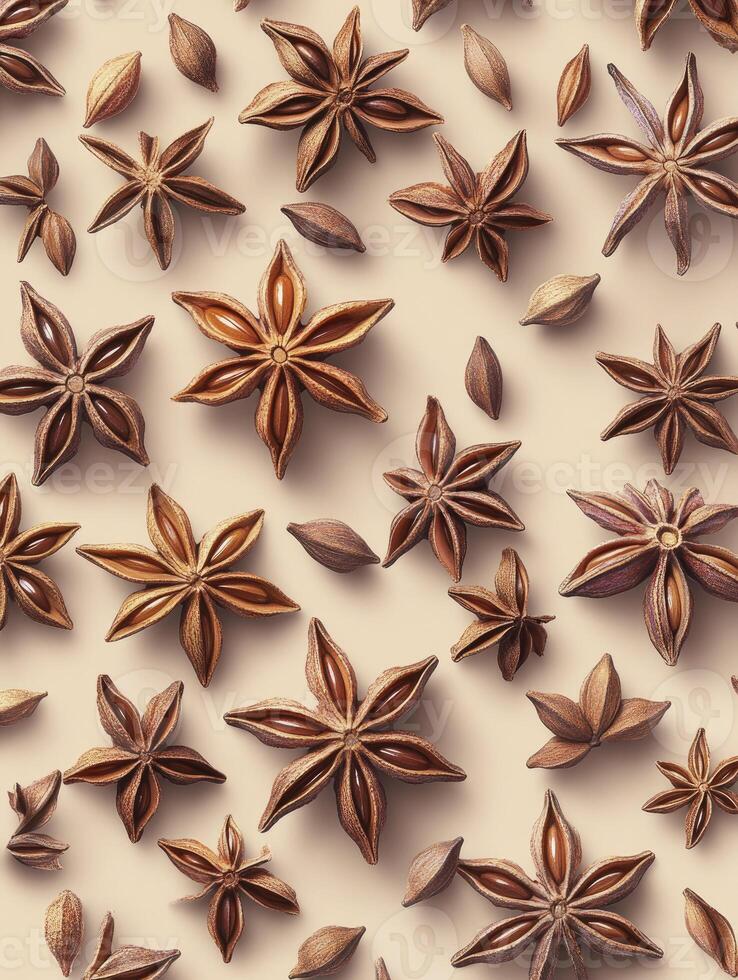 Arrangement of Star Anise Pods and Seeds on Neutral Background Pattern photo